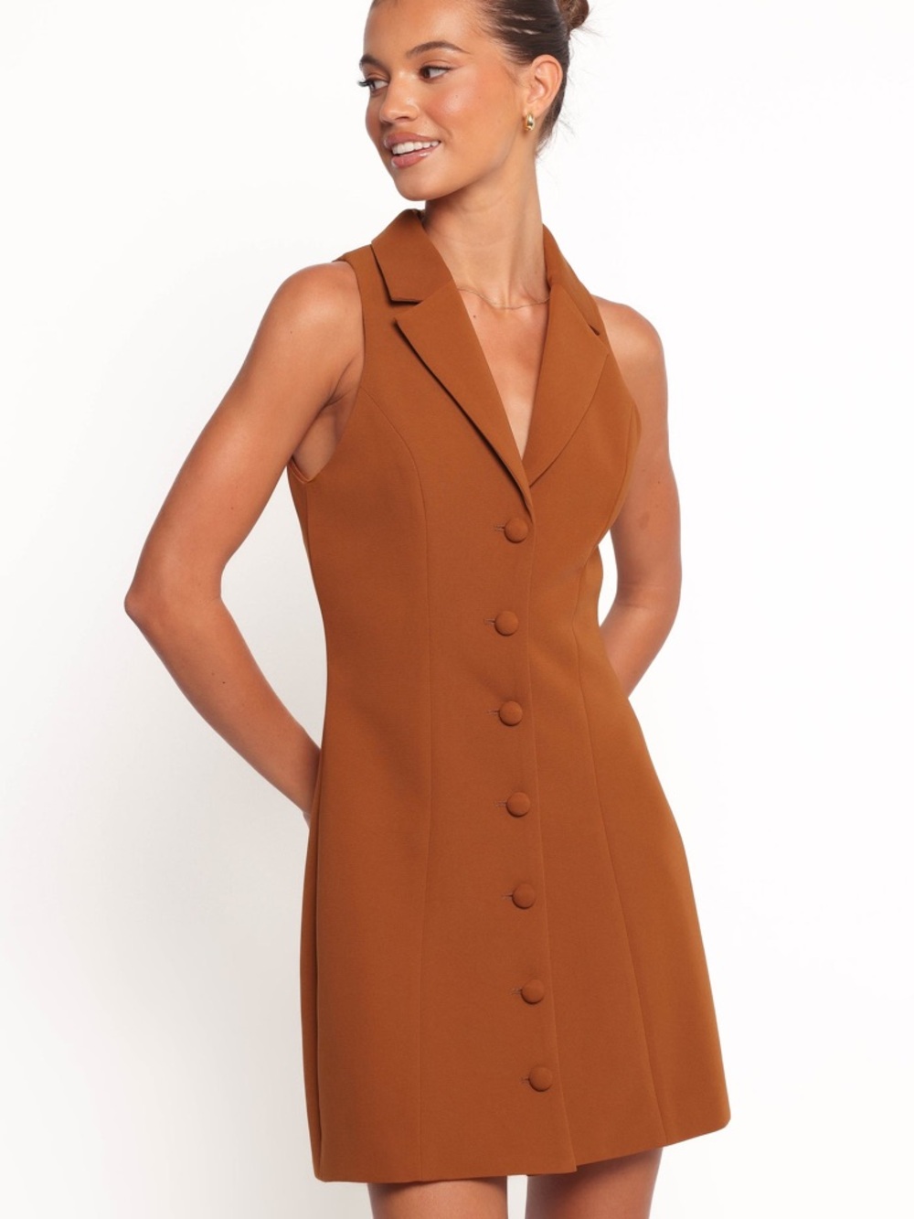 Petal & Pup Sleeveless Barrett Button-Front Mini Dress in Brown